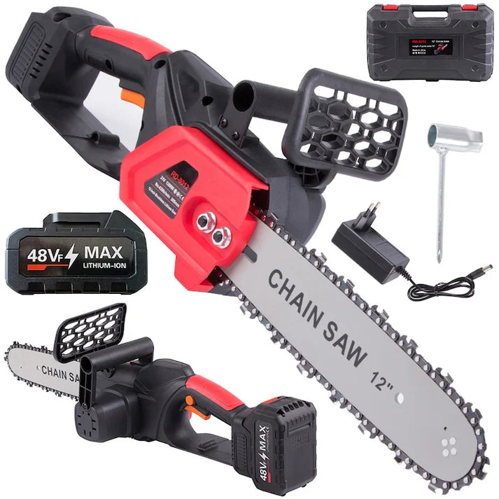 Motosierra Eléctrica, con 1 x Espada de 31 cm (12 PULGADAS), 1 x Cadena, 2 x Baterías de 48 V, Bolsa de Transporte de REGALO