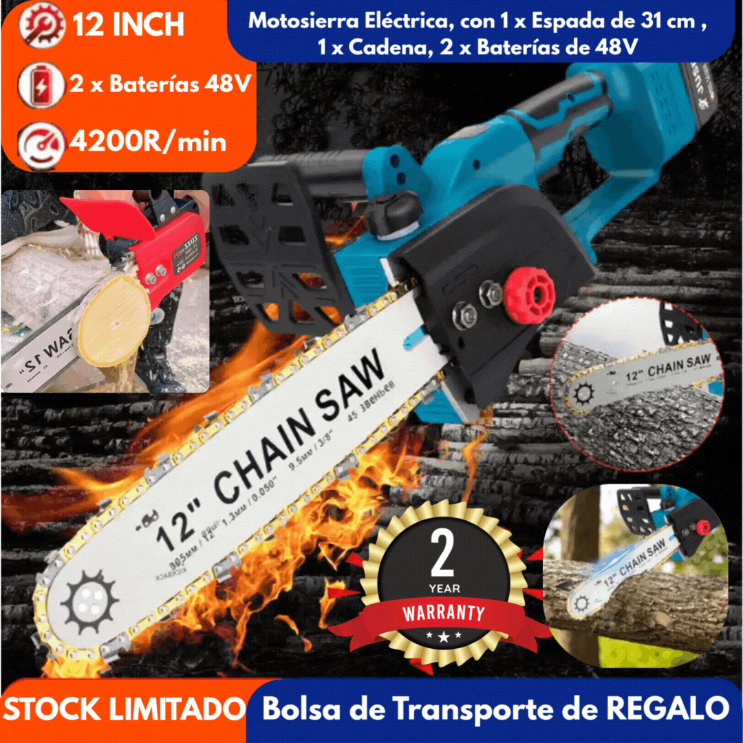 Motosierra Eléctrica, con 1 x Espada de 31 cm (12 PULGADAS), 1 x Cadena, 2 x Baterías de 48 V, Bolsa de Transporte de REGALO