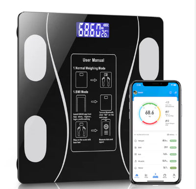 1+1 GRATIS Báscula Inteligente, Conexión Bluetooth, Pantalla LCD, Mide Indicadores Corporales, de Vidrio Templado
