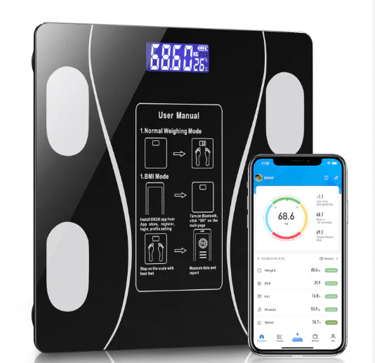 1+1 GRATIS Báscula Inteligente, Conexión Bluetooth, Pantalla LCD, Mide Indicadores Corporales, de Vidrio Templado