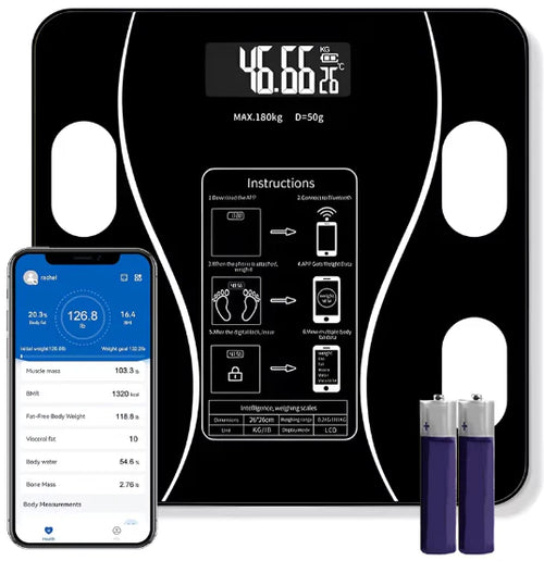 1+1 GRATIS Báscula Inteligente, Conexión Bluetooth, Pantalla LCD, Mide Indicadores Corporales, de Vidrio Templado