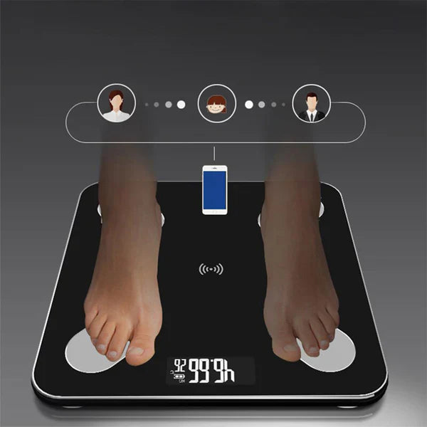 1+1 GRATIS Báscula Inteligente, Conexión Bluetooth, Pantalla LCD, Mide Indicadores Corporales, de Vidrio Templado